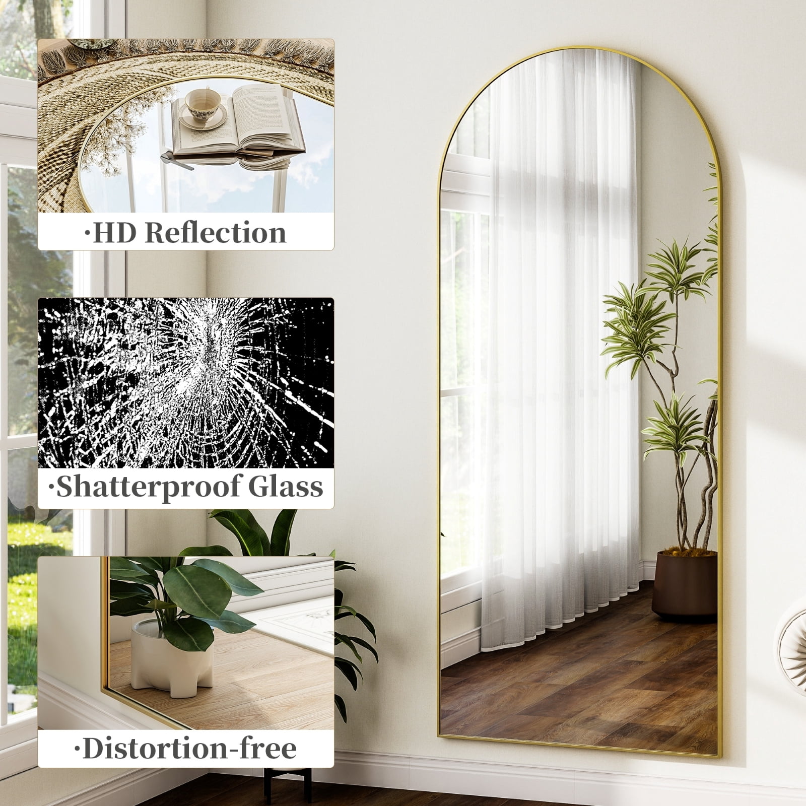 SEETHRUGLIMMER 71"x26.2" Arched Full Length Mirror Wall-Mounted Floor Mirror with Stand, Gold