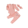 thumbnail image 1 of xiaxaixu Infant Baby Girl Fall Outfit Solid Color Ribbed Long Sleeve Romper Long Pants Bow Headband 3Pcs Set, 1 of 9