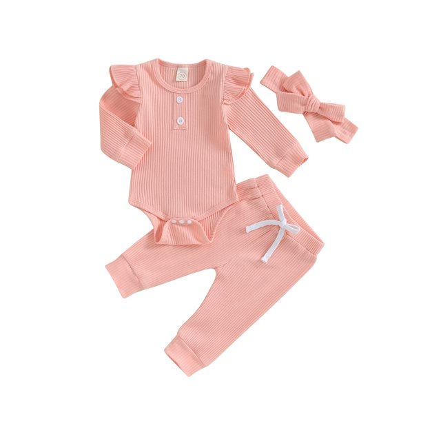 xiaxaixu Infant Baby Girl Fall Outfit Solid Color Ribbed Long Sleeve Romper Long Pants Bow Headband 3Pcs Set