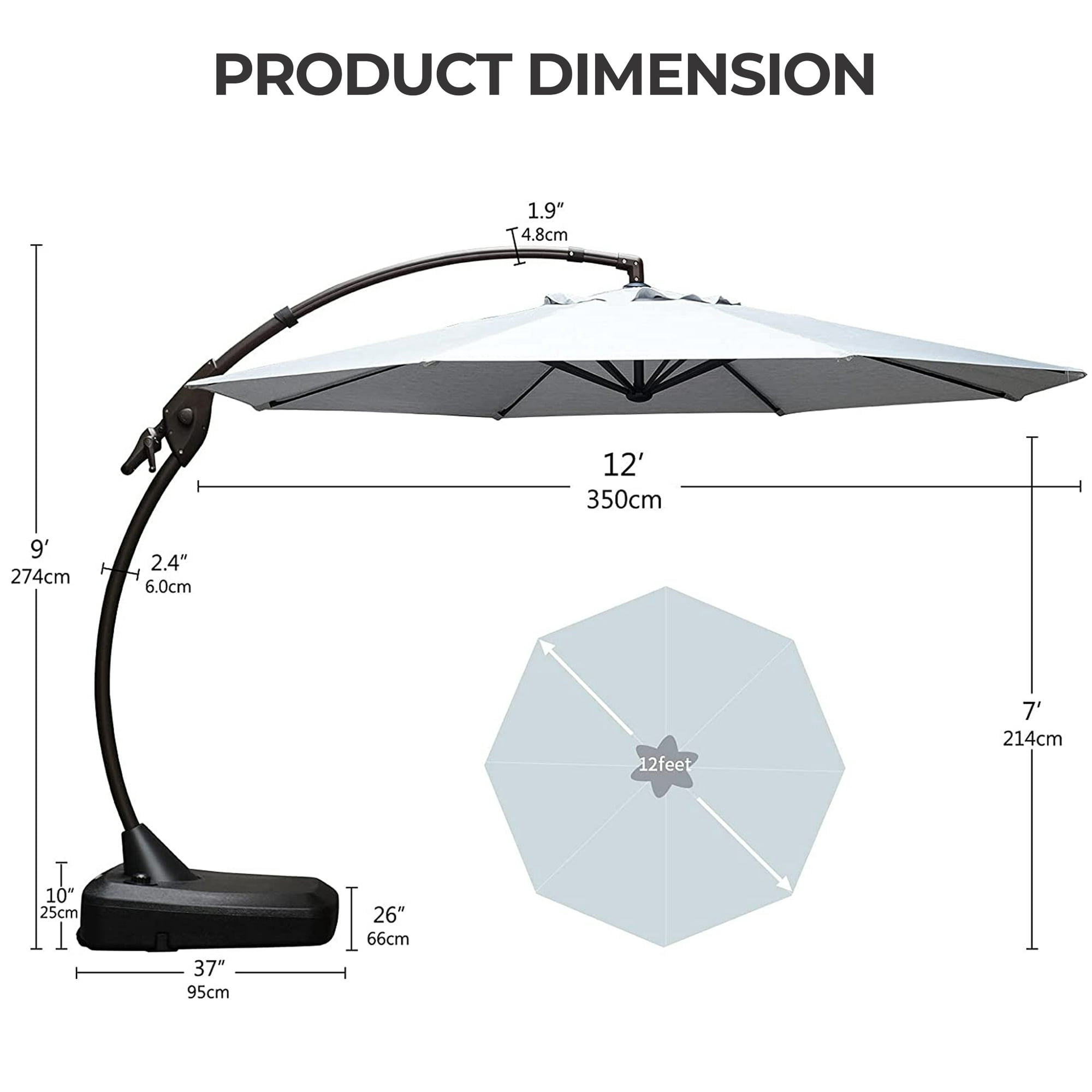 GRANDPATIO Napoli SUNBRELLA 12Ft Round Canteliver Patio Umbrella with Base, Canvas Granie