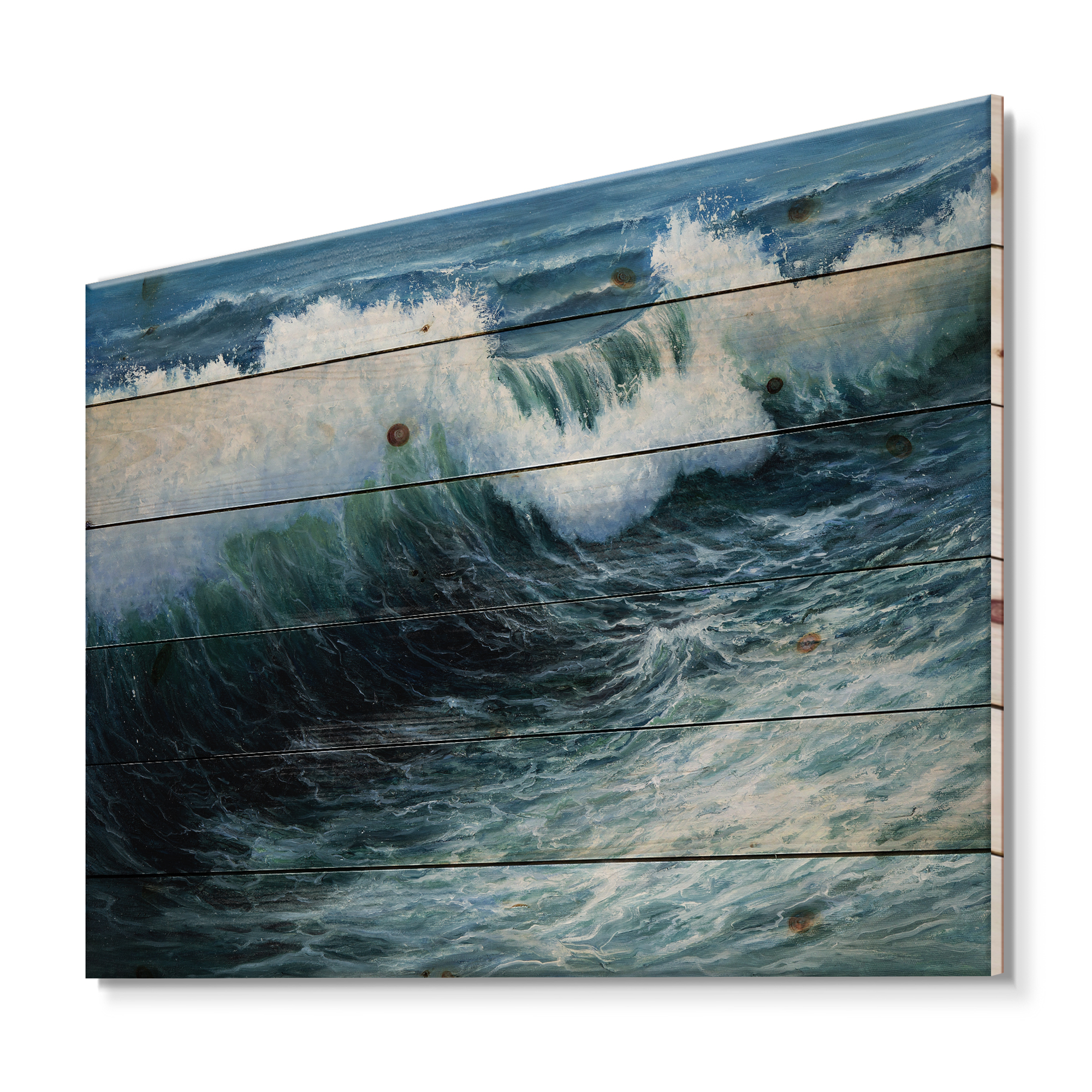Designart 'The Ocean With Storm Waves' Nautical & Coastal Print on Natural Pine Wood