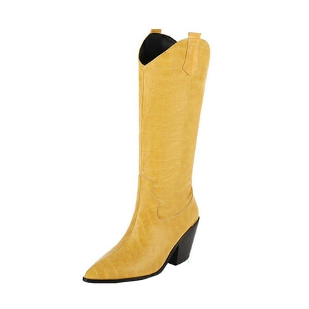 

jsaierl Autumn And Winter Warm Plus Size Women s Boots Thick High-heeled Stone Pattern Sleeve Pointed High Boots