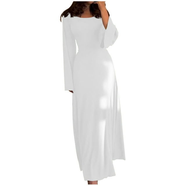 Yuyuzo Robes de Printemps pour Femmes 2025 Robe Chandail à Manches Longues à Col Ras du Cou Robe en Tricot Côtelé Fluide Coupe Évasée Robes Maxi