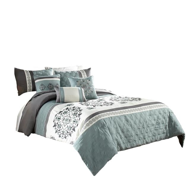 Polyester Comforter Set with Floral Details, Blue & Gray King Size