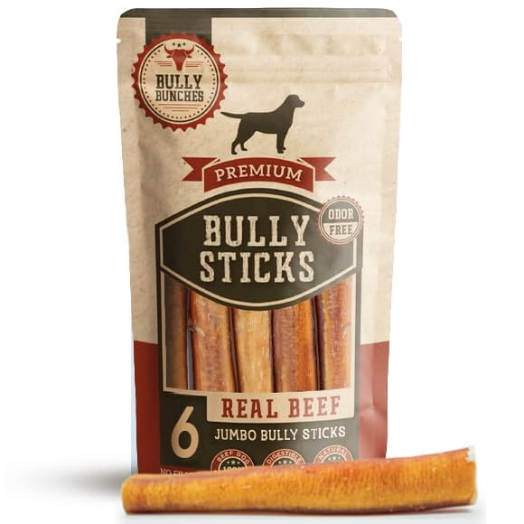 Bully Bunches Bâtonnets de Bully Premium 6 Pouces Sans Odeur pour Chiens Moyens et Grands - Friandises Longue Durée pour Soins Bucco-Dentaires - Tout Naturel et Ingrédient Unique, 100 % B