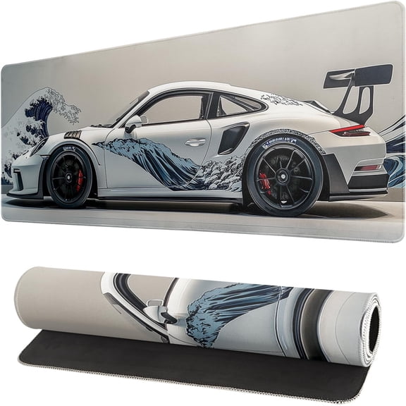 MORAVE 31.5x11.8 Inch White Ukiyo-e Style Sports Car Large Gaming Mouse Pad Desktop Mat, Non-Slip Rubber Base for Gamers & PC Enthusiasts