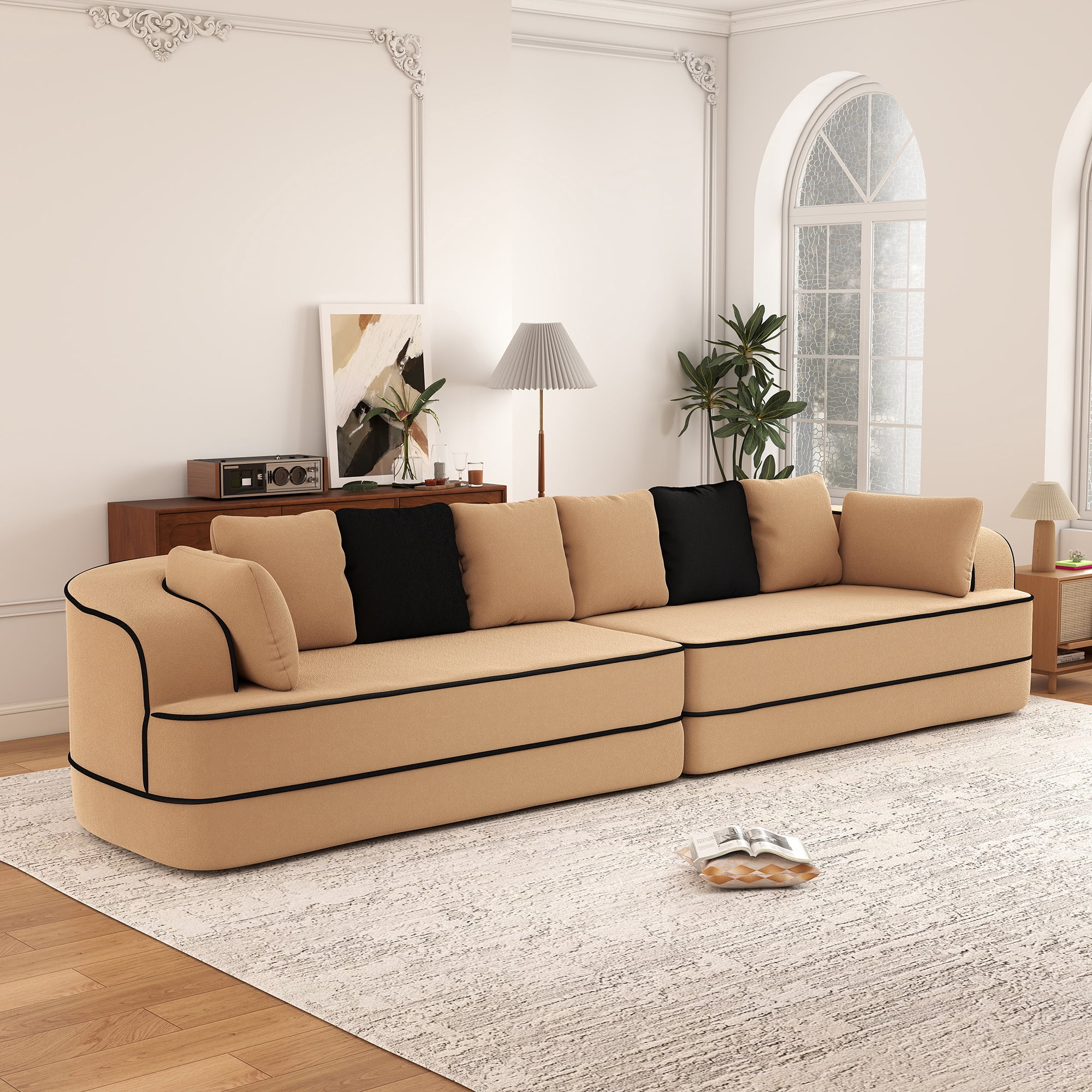 Aukfa 135" 4-Seater Modular Sofa for Living Room, 29" Deep Seat, Plush Teddy Velvet, Camel