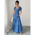 thumbnail image 4 of Womens Blue Square Neckline Tiered Maxi Dress With Puff Sleeves Casual, 4 of 6