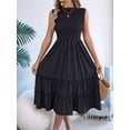 thumbnail image 4 of Women'S Ruffle Trim Flutter Sleeve Midi Dress Pleated Crew Neck Tiered Smocked Flowy Dresses Black L, 4 of 9