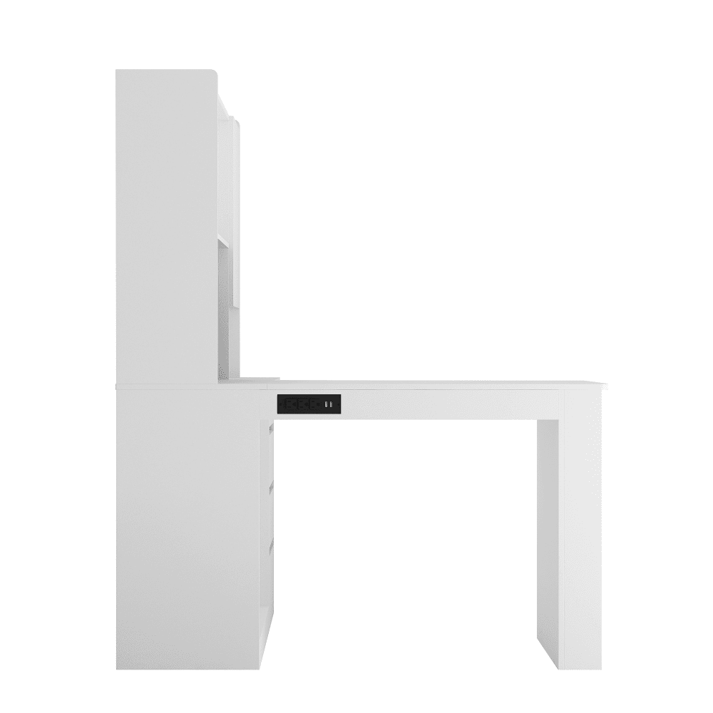 Tcbosik L-Shaped Corner Desk with LED Lights and Charging Station, Computer Desk with Hutch, Bookshelf & Pegboard, Writing Table with Shelf, Door and 4 Drawers for Home Office, White