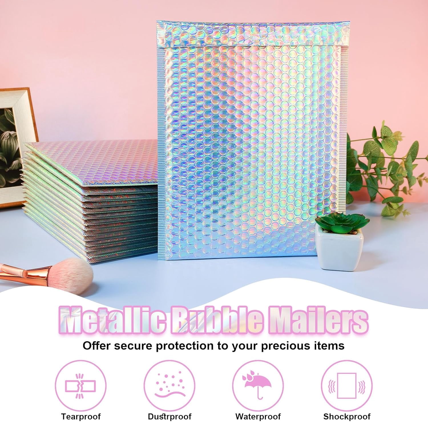 50 Pcs Metallic Bubble Mailers,Holographic Bubble Mailers 5.9 x 9.6 Inch,Self Seal Waterproof Shipping Bags,Poly Padded Envelopes for Mailing Packaging Small Business
