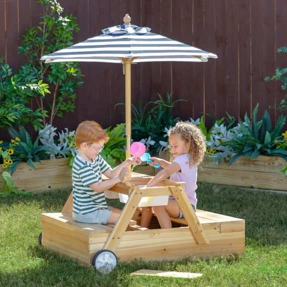 Teamson Kids Outdoor Explorer 2-in-1 Wooden Sandbox   Picnic Table