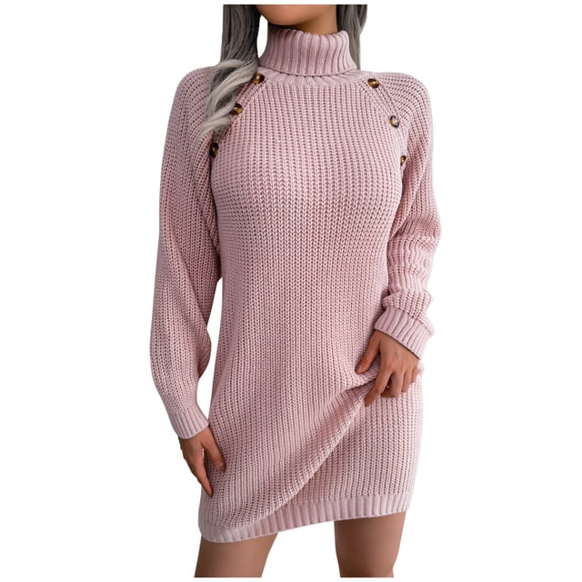 Vestidos Para Mujer Vestidos de Otoño Otoño E Invierno Botón Informal Cuello Alto Manga Larga Vestido de Suéter de Fondo Odeerbi ODB149847