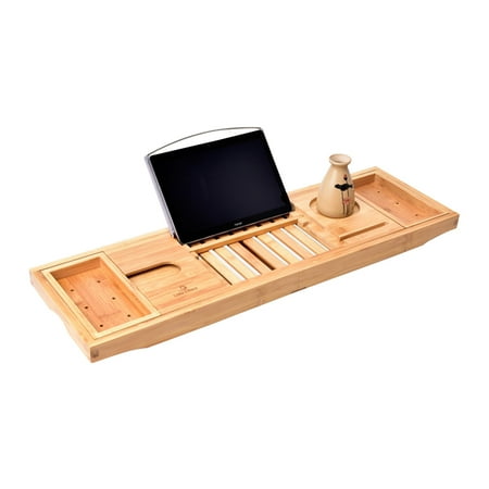 Bathtub Caddy Tray Bamboo Spa Bathtub Caddy Organizer Serving Tray Book Holder Nonslip Bottom Extendable Sides