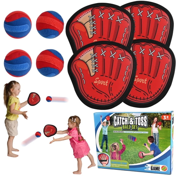 Faburo Toss and Catch Ball Game Set, 8-Piece Outdoor Sticky Baseball Toy with 4 Paddles and 4 Balls, Active Catching Yard Game for Kids and Toddlers