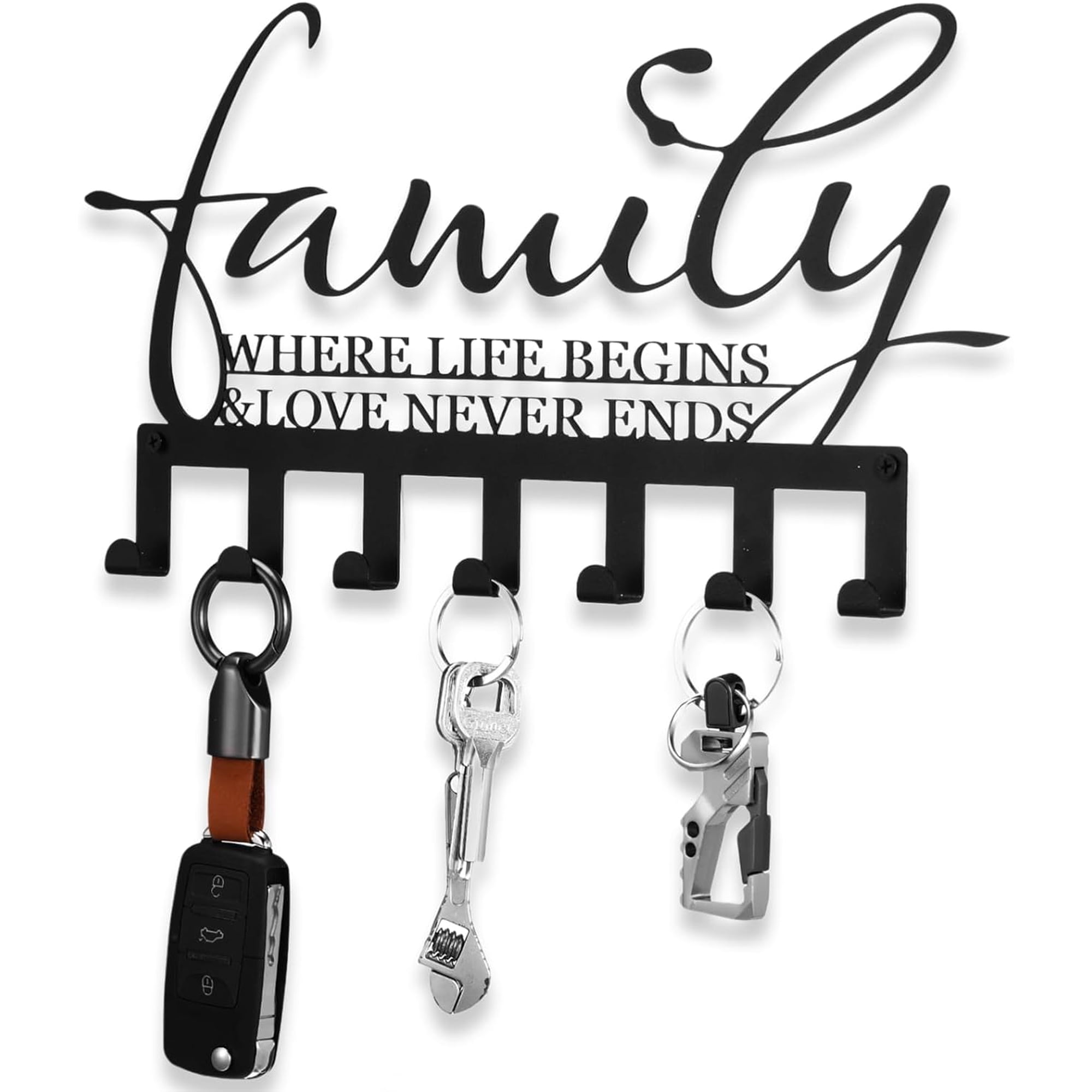 Family Key Holder Metal Hooks Decorative Hanger Black Rack Wall Mount Organizer with Screws and Anchors for Keys Hat Kitchen Entryway Front Door Home Decor