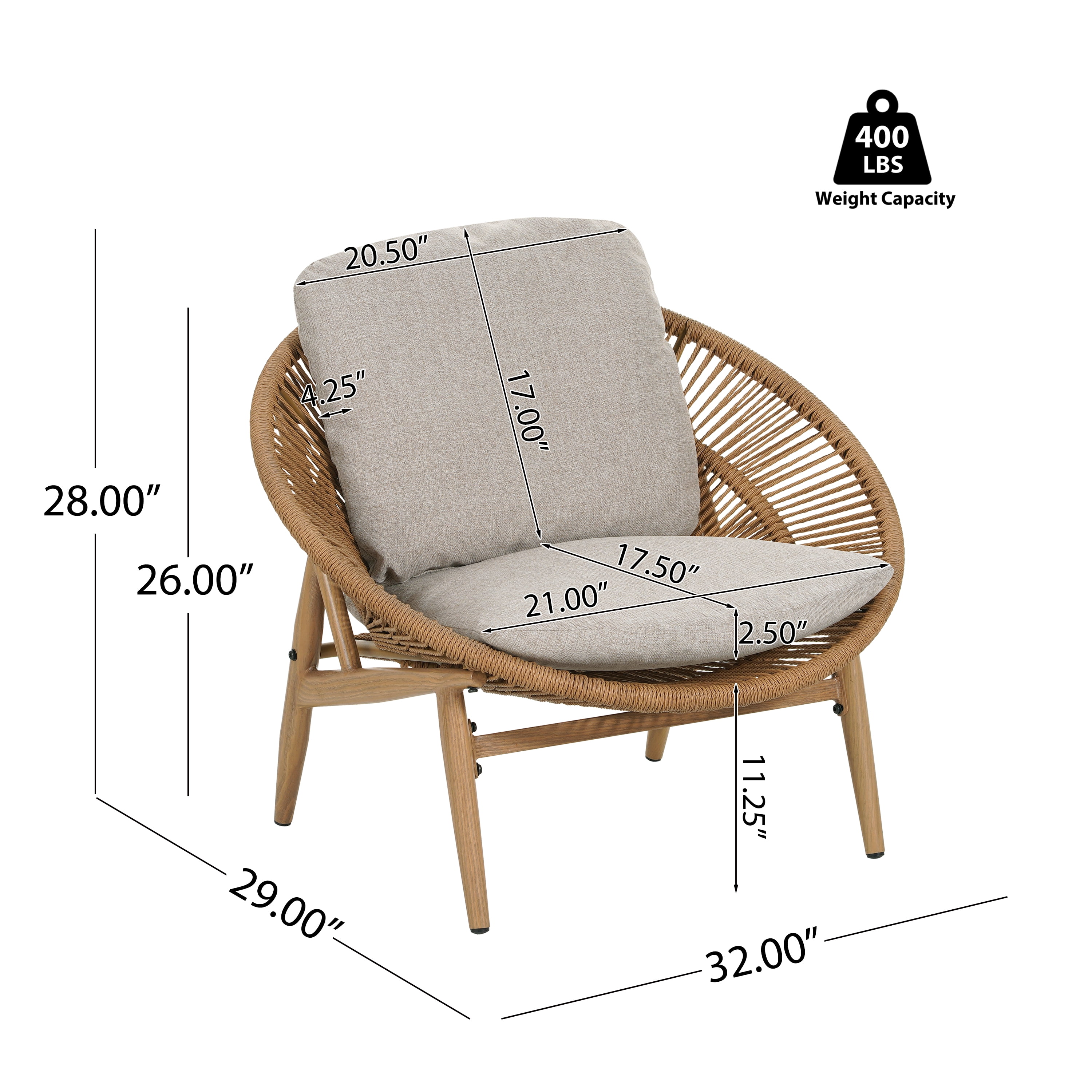 Outdoor Wicker Papasan Style Lounge Chair Light Brown Wicker with Beige Cushion for Patio, Light Brown