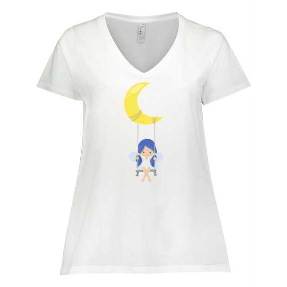 Inktastic Stardust Fairy, Cute Fairy, Fairy on a Swing, Moon Women's Plus Size V-Neck T-Shirt