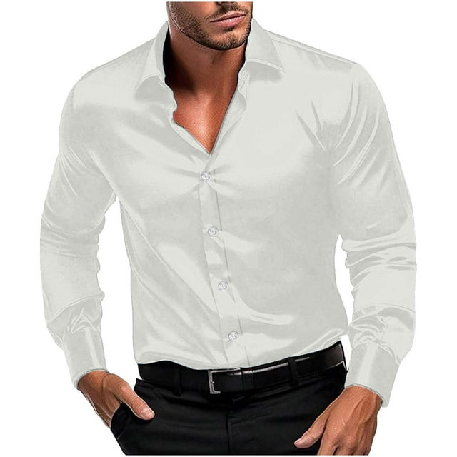 Mens Silk Satin Dress Shirts Shiny Long Sleeve Button Down Shirt for Party Prom Wedding