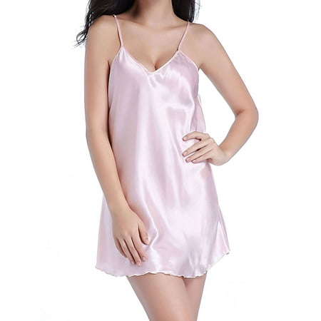 BadPiggies Womens Satin Silk Nightdress V Neck Adjustable Spaghetti Shoulder Straps Lingerie Babydoll Sleepwear (2XL  Pink)
