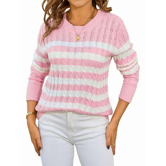 Women'S Striped Sweaters Casual Crew Neck Long Sleeve Pullover Oversized Cable Knit Loose Jumper Tops Pink L