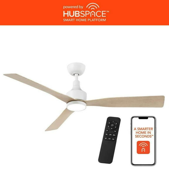 Ryland 52" Smart Indoor/Outdoor Matte White Ceiling Fan with Adjustable White LED with Remote Powered by Hubspace