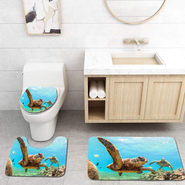 ABPHQTO Tortuga verde hawaiana1 Juego de alfombras de baño de 3 piezas Alfombra de baño Alfombra de contorno y tapa de inodoro ABPHQTO Cont-CHAPPLE-17735