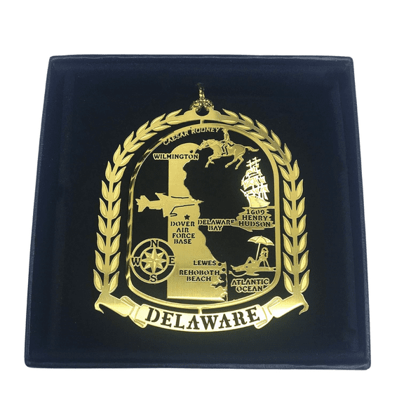 I Love My State Delaware Brass Ornament Black Leatherette Gift Box