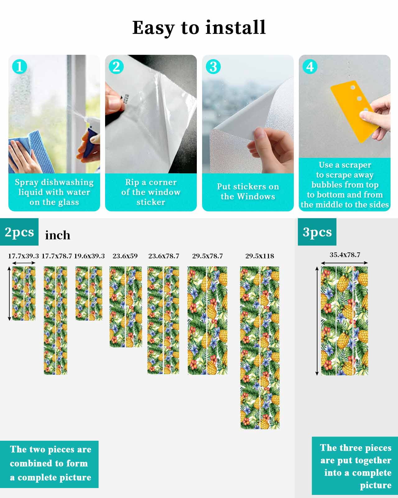 Window Privacy Film Pineapple Stained Glass Window Film Decorative Sun Block Window Cover Yellow Tropical Fruit Palm Leaf Floral Summer Window Clings Static Adhesive Sticker for Bathroom 35.4"x78.7"