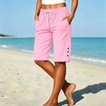 thumbnail image 2 of Women's Linen Blend Knee Length Shorts Elastic Waist Loose Casual Walking Shorts with Pockets Side Button Detail Summer by Yigetop Pink L, 2 of 2