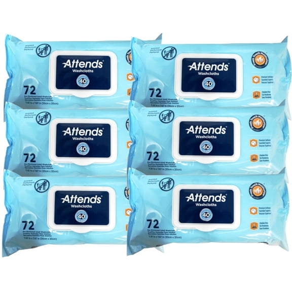 Attends Scented Washcloths for Adult Incontinence Care, Hypoallergenic, Latex and Alcohol Free, 7.8" x 11.8" Wipes, 72 Count - 6 Pack