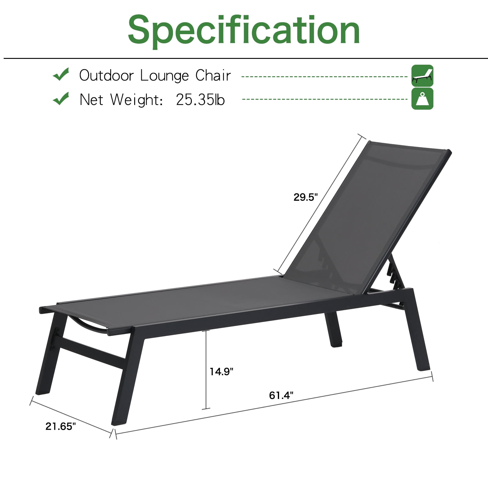 Walsport 2Pcs Outdoor Lounge Chair,Freely Adjustable Aluminum Patio Chair for Pool,Beach(Gray)