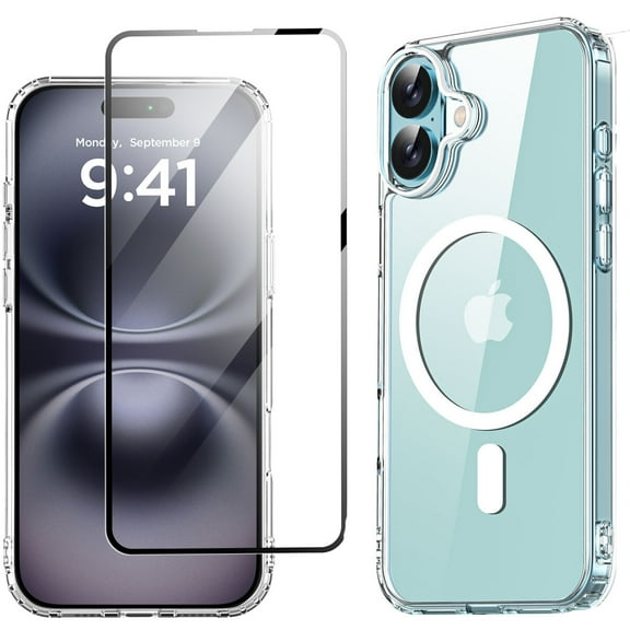 AICase Clear MagSafe Case 1pc Glass Screen Protector for iPhone 16 Pro Max/16 Plus/16 Pro/16 Non-Yellowing Shockproof Cover
