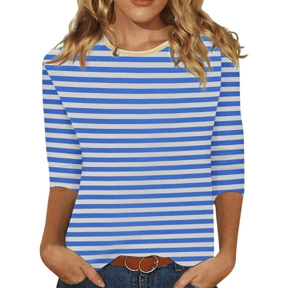 Women's T-Shirts Fashion Striped Elbow Length Loose Fit Crew Neck Comfortable Breathable T Shirt