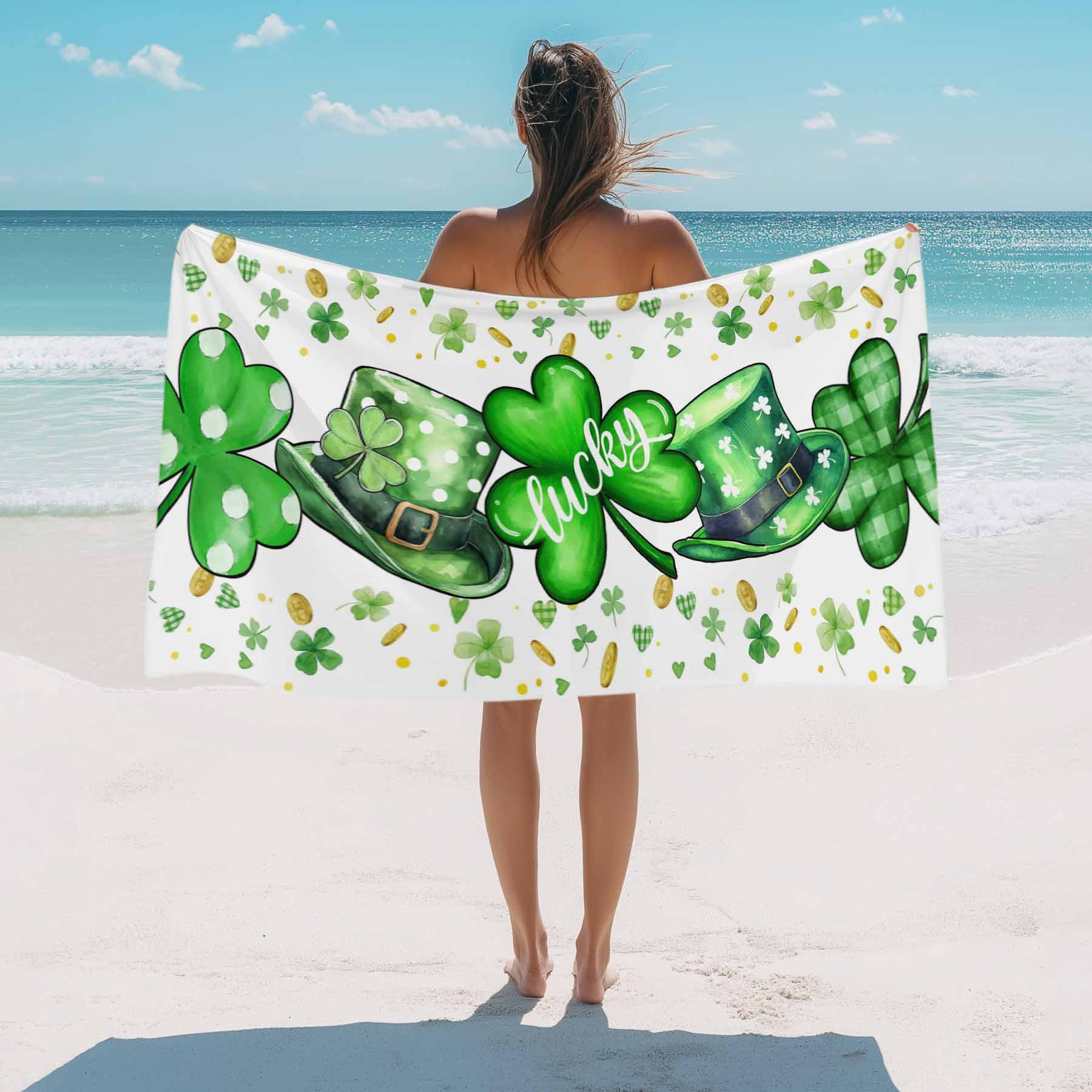 St. Patrick's Day Beach Towels Blanket Soft&Absorbent Quick Dry Microfiber Green Lucky Shamrocks Hat Pool Towels for Swimming ,Yoga, Sports, Gym, Camping,Large 35X70in, Gold Coin