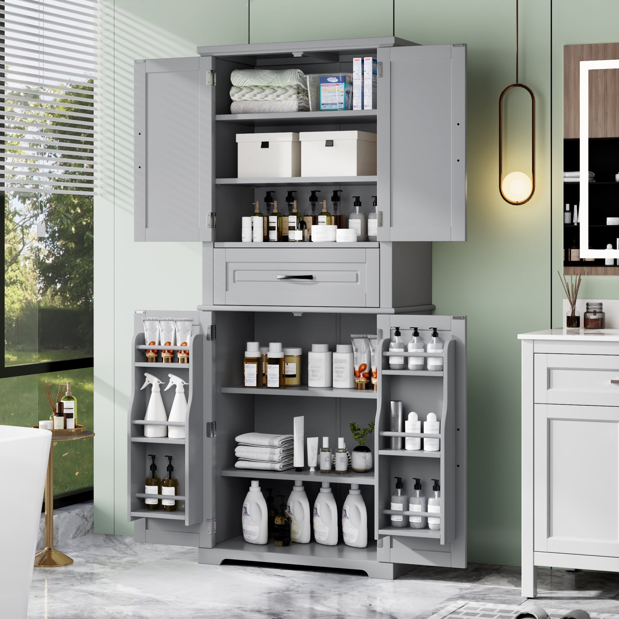 Mintazer 72" Tall Bathroom Linen Cabinet with Adjustable Shelves & Large Drawer, Freestanding Storage Cabinet with Side Door Organizer for Bathroom Laundry Room, Grey