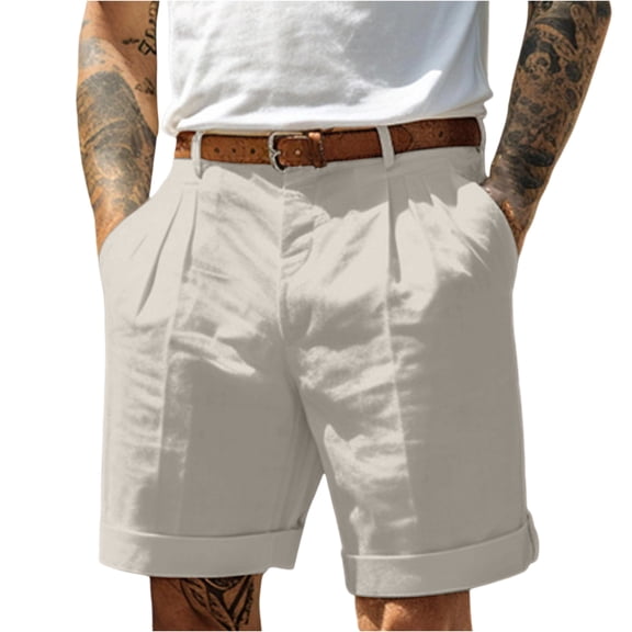 Dwellite Linen Shorts for Men Pleat-Front Casual Shorts Summer Lightweight Dress Pants with Pocket Light Gray XL