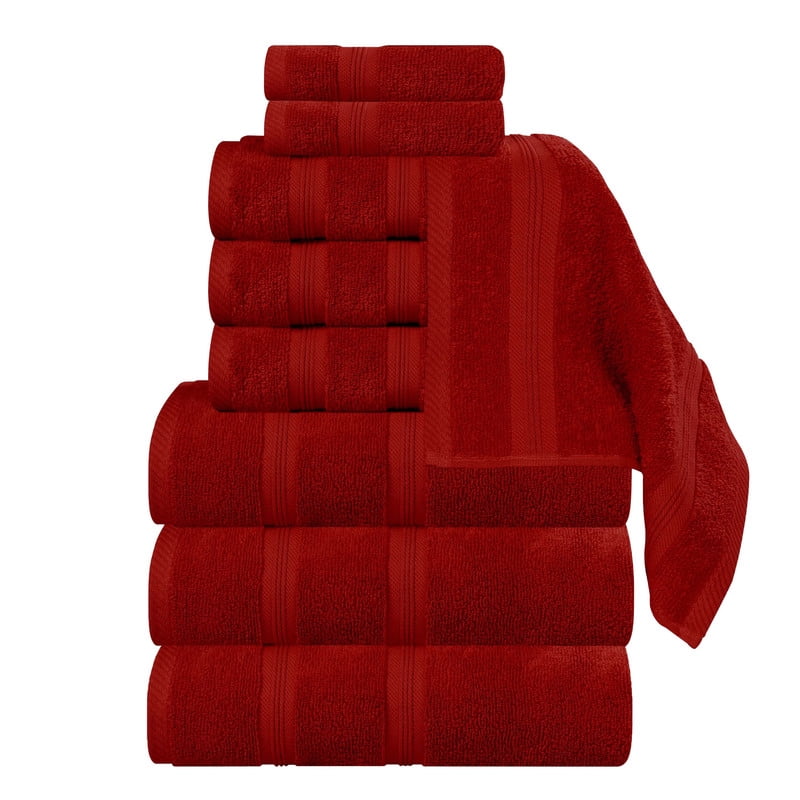 Superior Smart Dry 9-Piece Zero Twist Soft Cotton Towel Set, Quick Dry Fade Resistant, Crimson