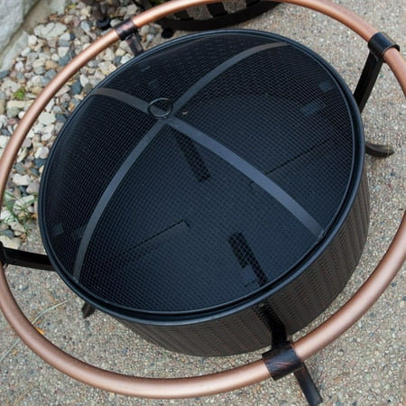 Fire Sense Fire Pit Copper Rail Steel Fire Bowl with Weave Pattern Included Screen Lift Tool-Antique Bronze-27.5"