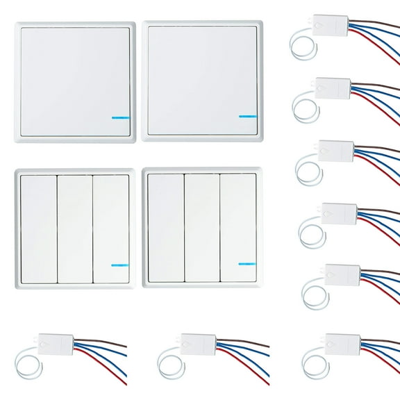 GREENCYCLE 2 Set Wireless Light Switch 110V Receiver Transmitter Kit Outdoor 1600ft Indoors 130ft Remote Ceiling Lamp LED Bulb IP54 Waterproof (2PK 1-gang Switch,2PK 3-gang Switch,8 Receivers)