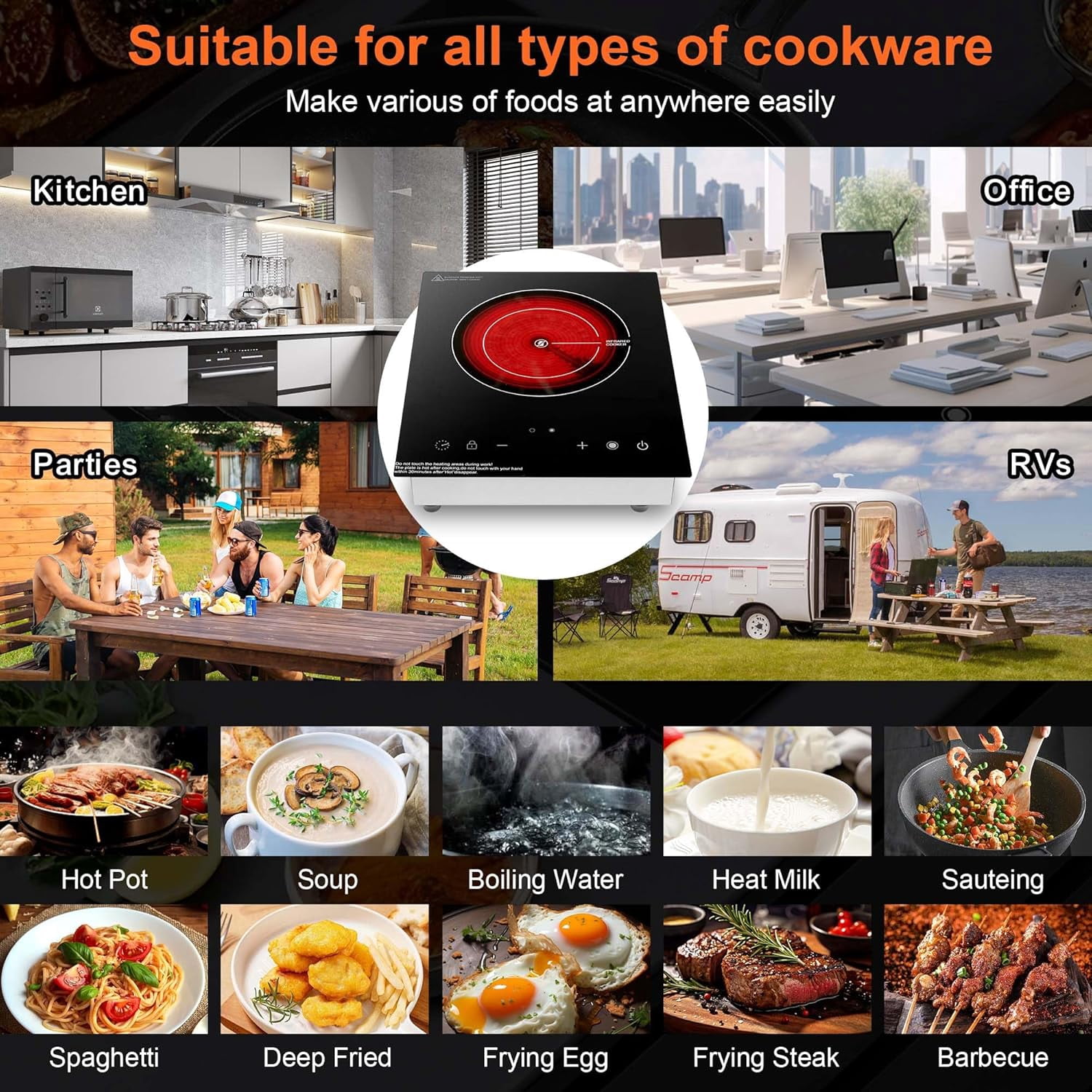 1800W Electric Infrared Ceramic Hot Plate with Dual Coils, Portable Countertop or 12inch Built-in Cooktop for All Cookware