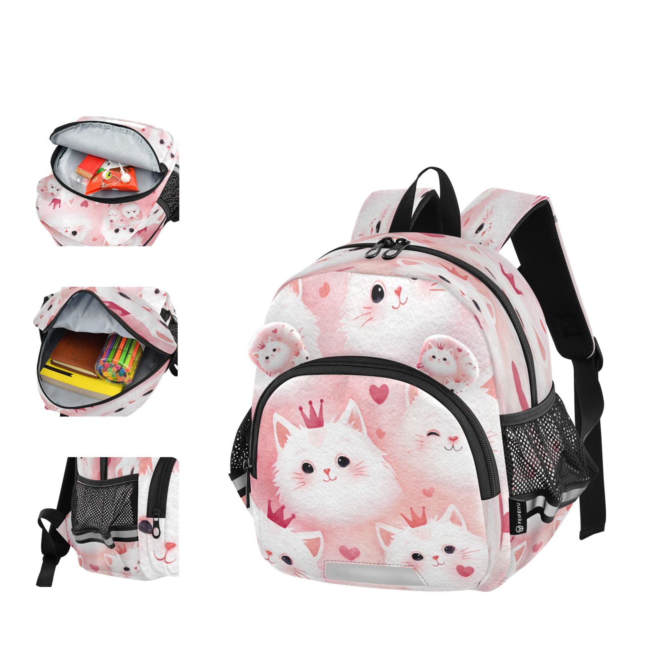 RMDQTR Adorable Ear-Print Backpack with Reflective Strip and Anti-Lost Leash Adjustable Shoulder Straps Mini Travel Backpack Adorable White Cat Faces