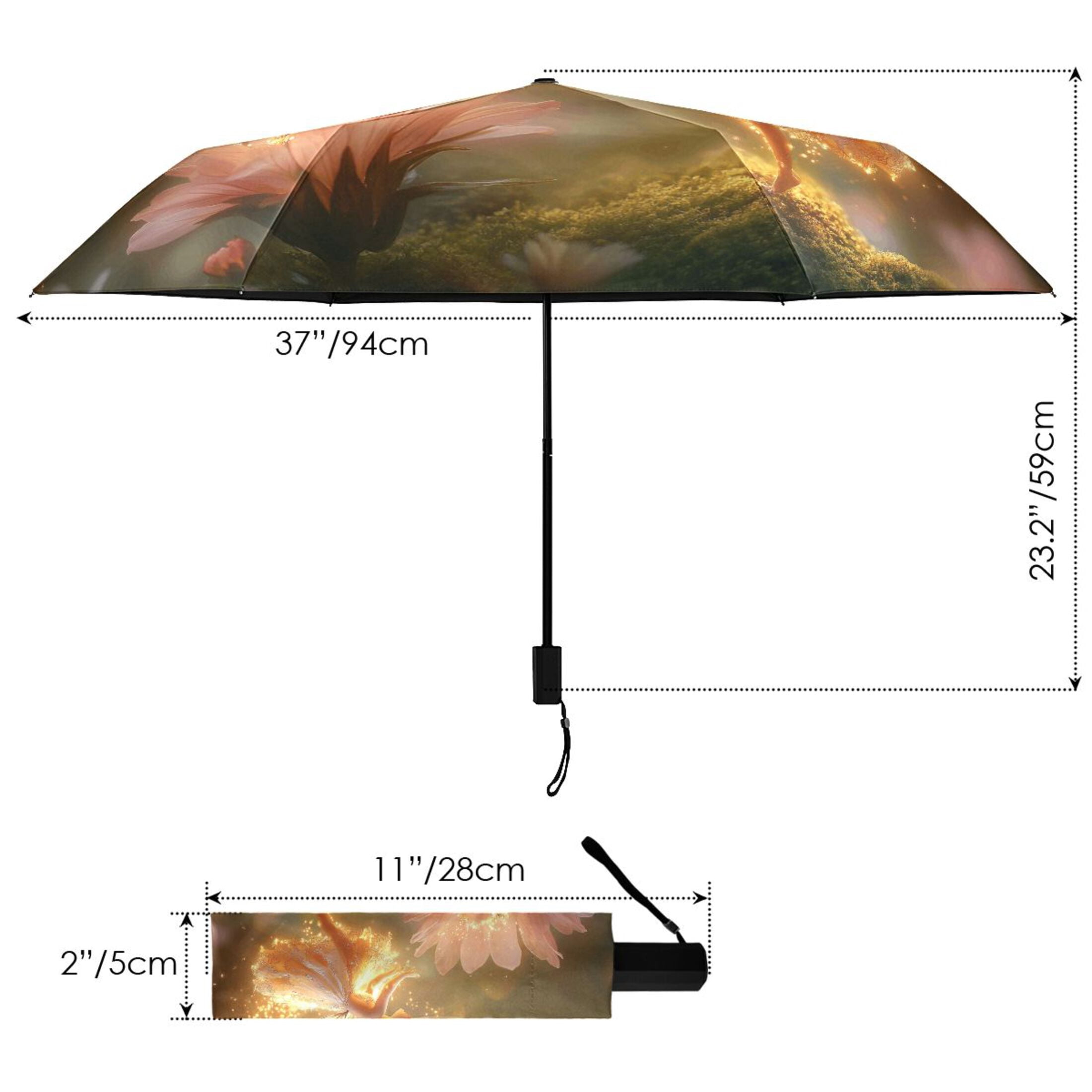 Fairy Flying over Flowers Compact Sun Umbrella Windproof Travel Umbrellas for Rain Strong Portable UV Protection