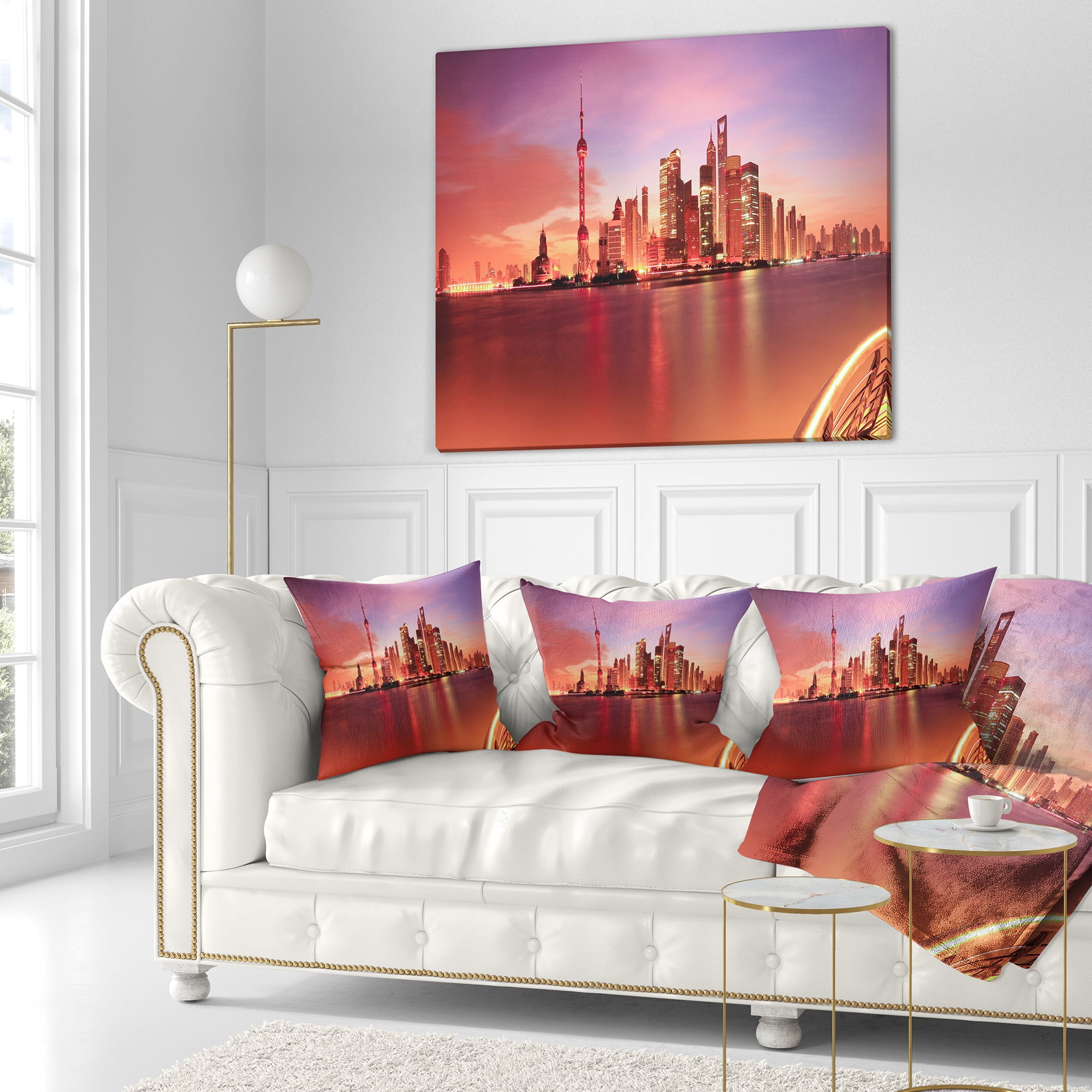 Designart Shanghai Skyline at Dawn Panorama - Cityscape Throw Pillow - 18x18