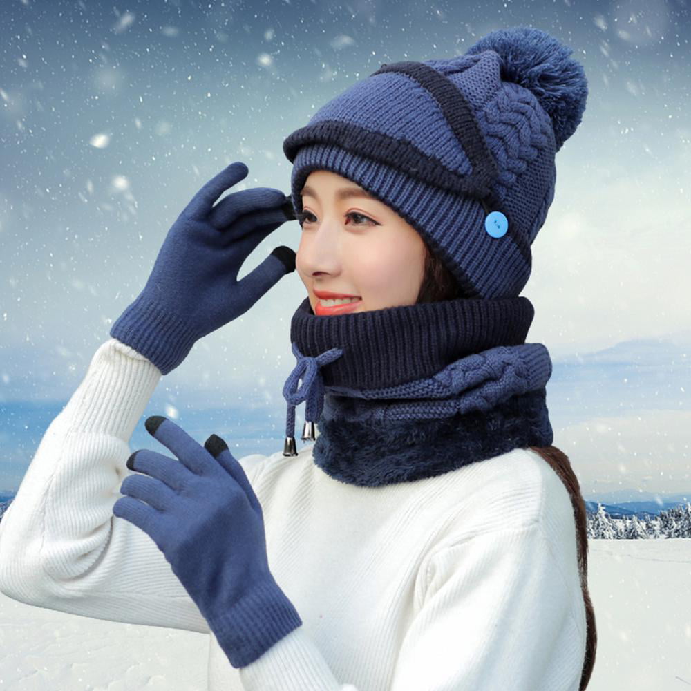 LYworld Unisex Hat Scarf and Gloves Set Knitted Warm Skiing Beanie Hat Circle Scarf and Touchscreen Gloves for Winter Outdoor Sports 
