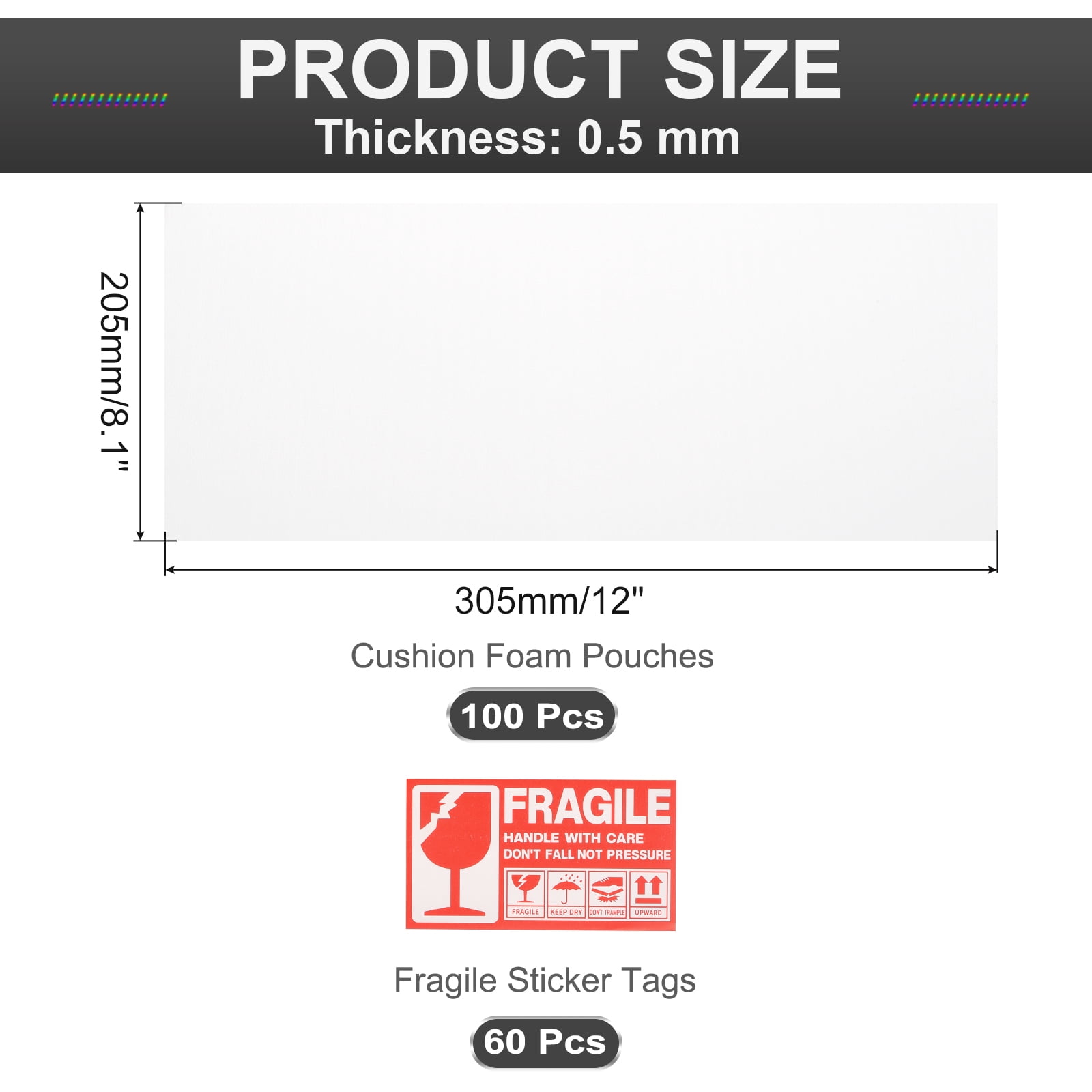 Uxcell Foam Packing Pouches, 100pcs 8.1x12 Inch Wrap Bubble Pouches Cushion Foam Packing Supplies White with 60 Fragile Tags