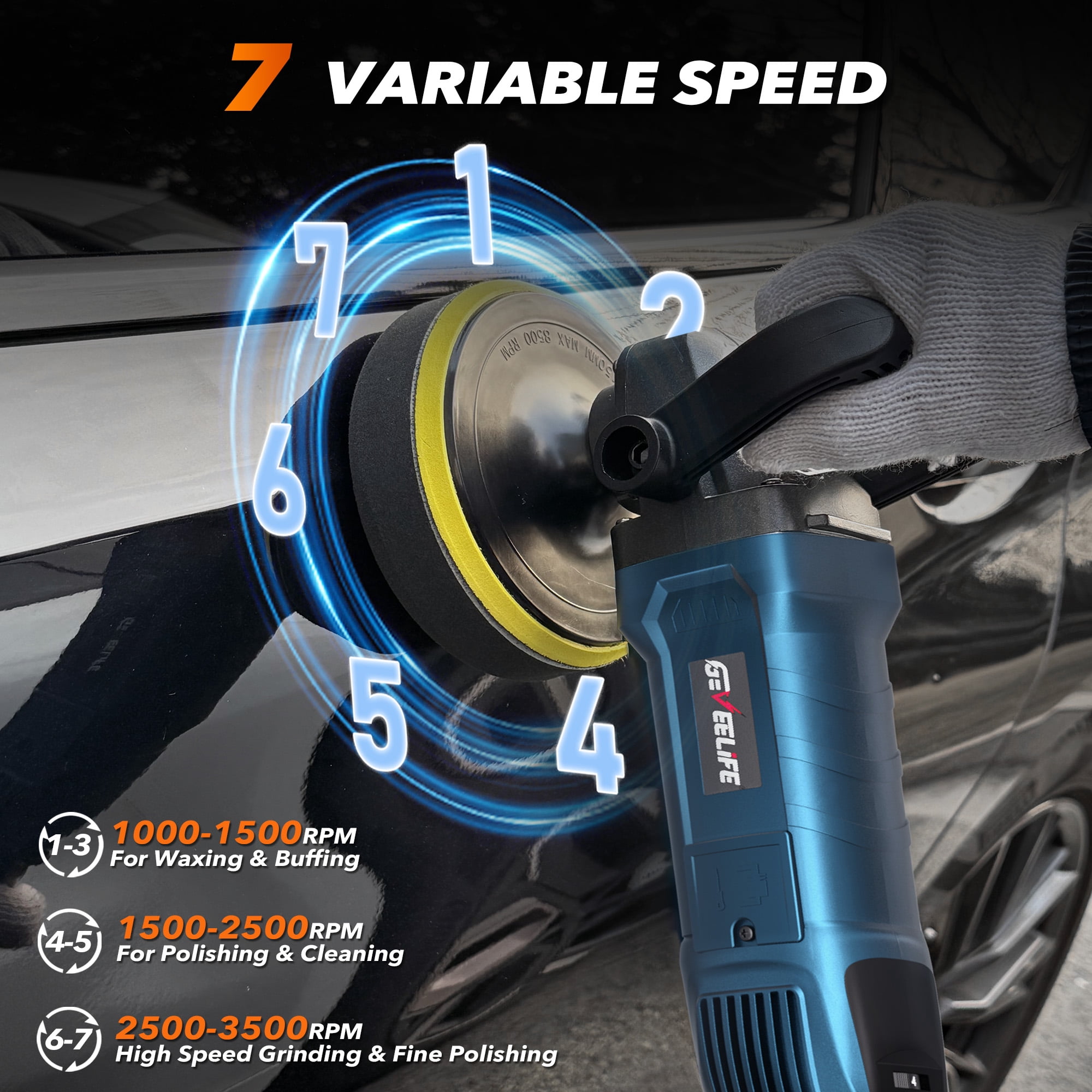 6 Inch 1600W Rotary Car Buffer Polisher, 7 Variable Speed 1000-3500 RPM Electric Polisher Waxer with Detachable Handle for Car Boat Sanding Polishing Waxing