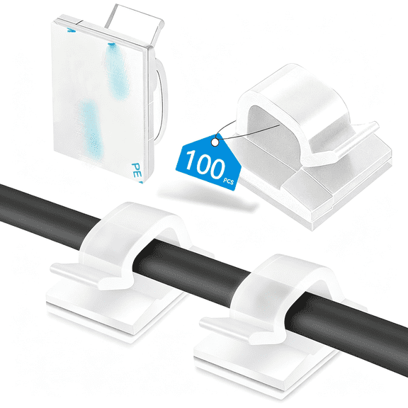 ICERUN 100Pcs Cable Clips,Adhesive Wire Clips Organizer Cord Clips Management,Cable Staples Outdoor Strong for Wall,Desk,Christmas Lights,String Lights,Tv Pc Ethernet Cable,Clear Small