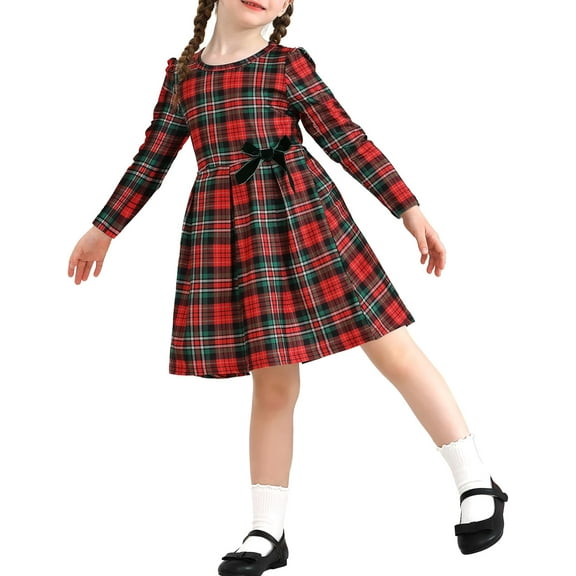 SANMIO Toddler Christmas Dress for Girls Plaid Dresses Red Green Long Sleeve Holiday Outfits Casual 2-7T