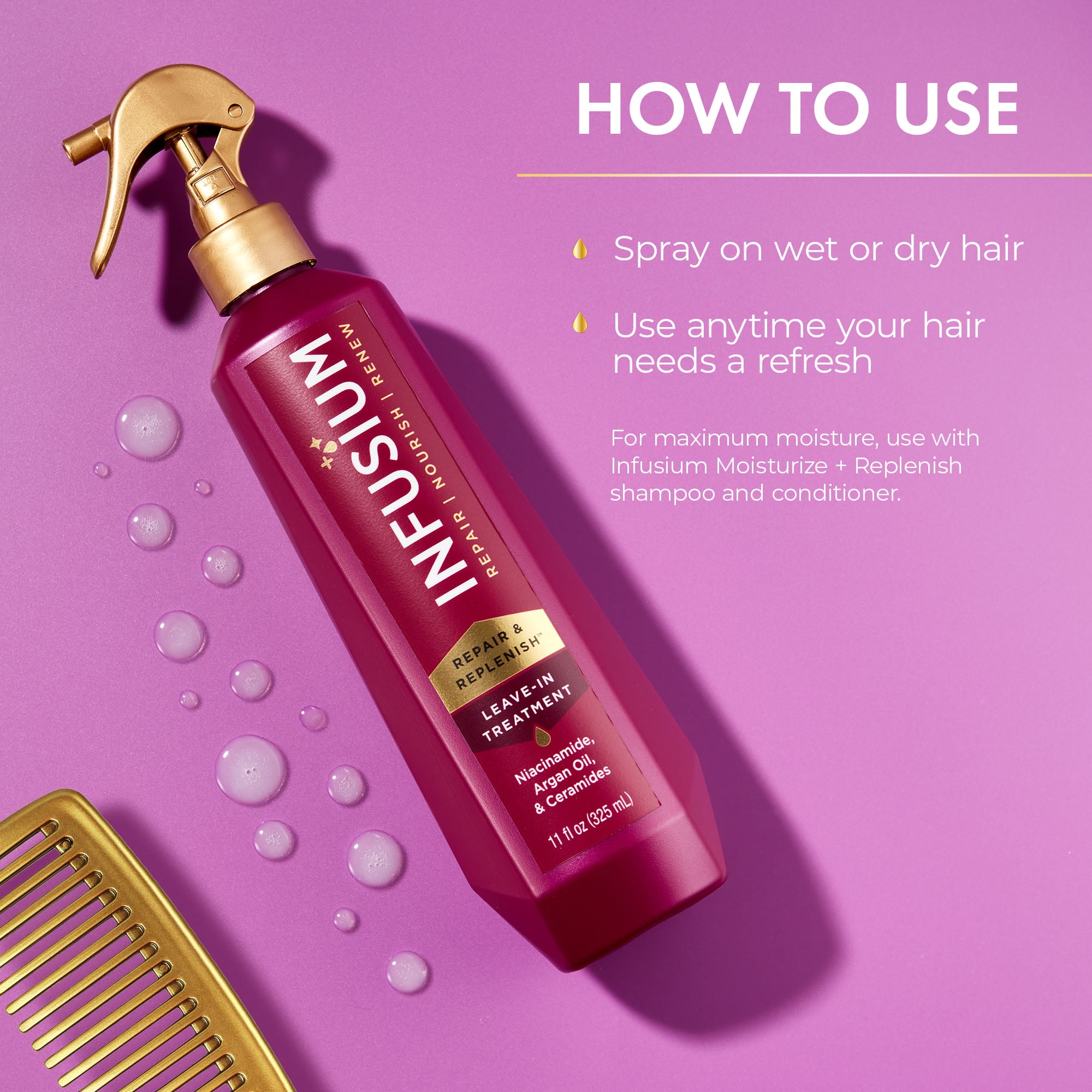 (2 pack) Infusium Repair & Replenish Leave-in Treatment Spray for All Hair Types, with Niacinamide, Argan Oil & Ceramides, 13 fl oz